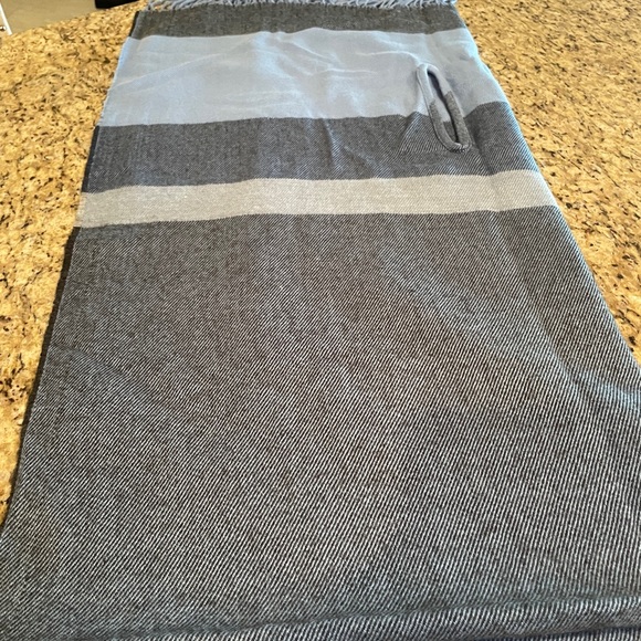 JCrew (multi colors of blue) Cape Scarf Wrap with med. blue fringe. Like new. - Picture 8 of 9